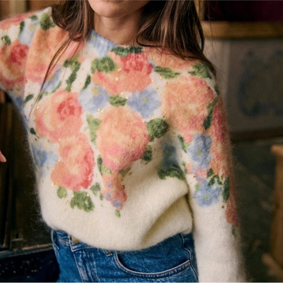 Sezane Malory Jumper Painted Flowers Kid mohair French Knit Sweater Soft - Picture 5 of 10